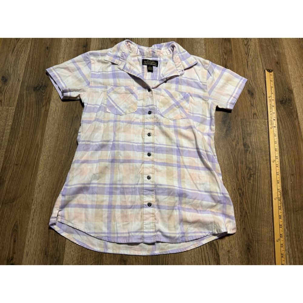 Noble Outfitters Shirts Women Size Small Purple Plaid Button Down Short Sleeve